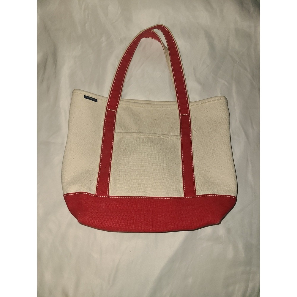 Lands End Canvas Tote Bag Red Cream Open Top Shopper Pocket Beach Bag Medium